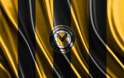 4k, Newport County AFC logo, League Two, yellow black silk texture, Newport County AFC flag, English football club, soccer, silk flag, Newport County AFC emblem, England, Newport County AFC