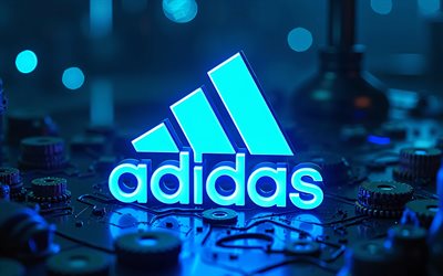 4k, logotipo de neon azul adidas, bokeh, engrenagens de metal, obra de arte, arte grunge, fundo de metal azul, logotipo 3d da adidas, logotipo de metal adidas, criativo, logotipo da adidas neon, logotipo da adidas, marcas de moda, adidas