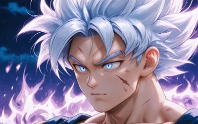 4k, ultra instinto goku, llamas de fuego violeta, de cerca, bola de dragón, arte abstracto, migatte no gokui, ultra instinto dominado, dragon ball super, hijo goku, super saiyan dios, dbs