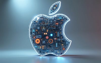 애플 로고, 4k, apple 로고 내부의 메커니즘, apple 3d 사인, apple 3d 로고, apple 로고가있는 배경, 창조적 인 기술 예술, 사과