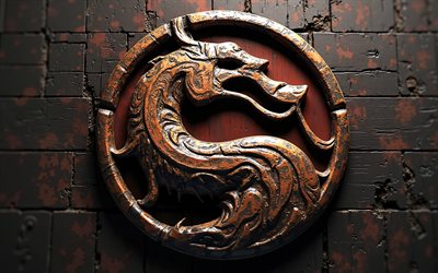 logotipo mortal kombat, 4k, arte creativo, mortal kombat 3d logotipo de madera marrón, signo mortal kombat, retroceso de madera negra, logotipo mortal kombat 3d, kombat mortal, emblema 3d mortal kombat