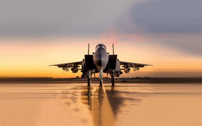 mcdonnell douglas f-15e strike eagle, jaktplan, solnedgång, f-15sa, stridsflygplan