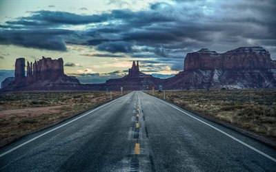 Monuments valley, road, desert, mountains, summer, USA