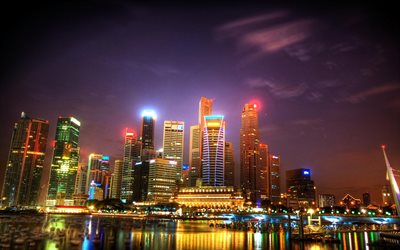 Singapour, ligne d'horizon, gratte-ciel, la nuit, en Asie