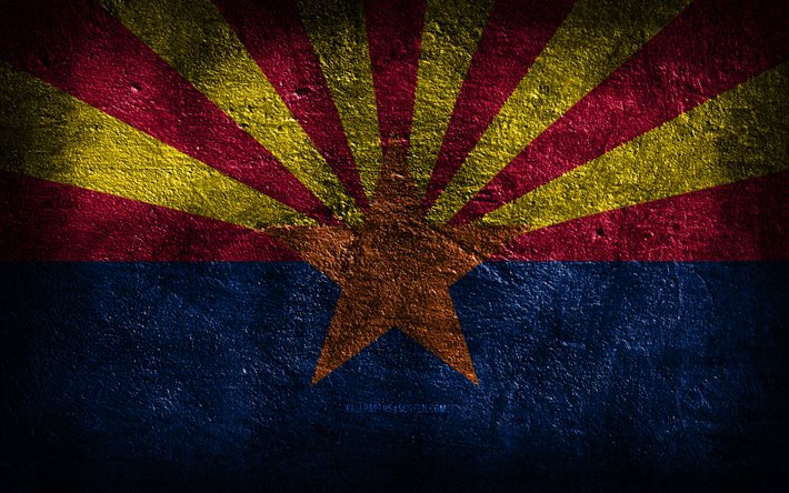 4k, la bandera del estado de arizona, la piedra de textura, la piedra de fondo, la bandera de arizona, el día de arizona, el grunge de arte, arizona, los símbolos nacionales estadounidenses, el estado de arizona, los estados americanos, estados unidos