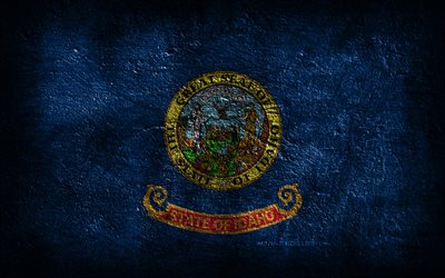 4k, Idaho State flag, stone texture, Flag of Idaho State, stone background, Idaho flag, Day of Idaho, grunge art, Idaho, American national symbols, Idaho State, American states, USA