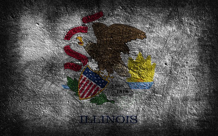 4k, bandiera dello stato dell illinois, struttura di pietra, sfondo di pietra, bandiera dell illinois, giorno dell illinois, grunge, arte, illinois, stato dell illinois, stati americani, usa