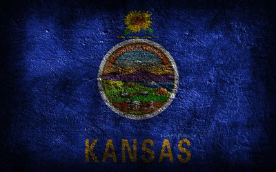 4k, Kansas State flag, stone texture, Flag of Kansas State, stone background, Kansas flag, Day of Kansas, grunge art, Kansas, American national symbols, Kansas State, American states, USA