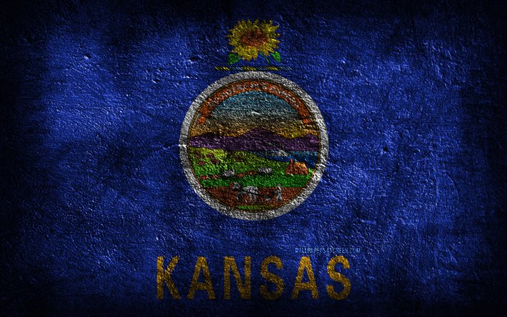 4k, la bandera del estado de kansas, la piedra de textura, la piedra de fondo, la bandera de kansas, el día de kansas, el grunge de arte, kansas, los símbolos nacionales estadounidenses, el estado de kansas, los estados americanos, estados unidos