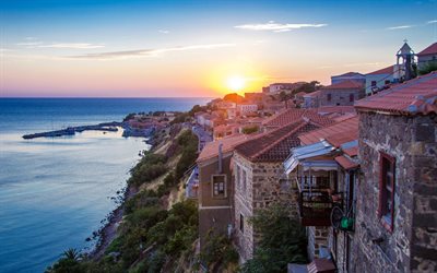 Mithymna, evening, sunset, resort town, Aegean Sea, seascape, North Aegean, Greece, Molyvos
