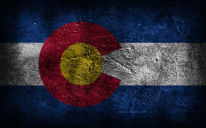 4k, la bandera del estado de colorado, la piedra, la textura, la bandera de colorado, el día de colorado, el grunge de arte, colorado, los símbolos nacionales estadounidenses, el estado de colorado, los estados americanos, estados unidos