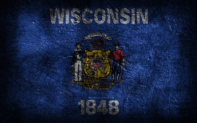 4k, Wisconsin State flag, stone texture, Flag of Wisconsin State, Wisconsin flag, Day of Wisconsin, grunge art, Wisconsin, American national symbols, Wisconsin State, American states, USA