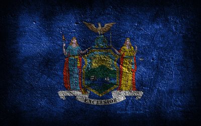 4k, ニューヨーク州の旗, 石の質感, ニューヨーク市旗, ニューヨークの日, グランジアート, ニューヨーク, アメリカの国家のシンボル, ニューヨーク州, アメリカの州, アメリカ合衆国