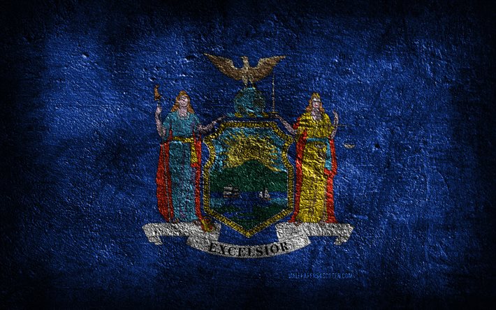 4k, le drapeau de l état de new york, la texture de la pierre, le drapeau de new york, le jour de new york, l art grunge, new york, les symboles nationaux américains, l état de new york, les états américains, états-unis