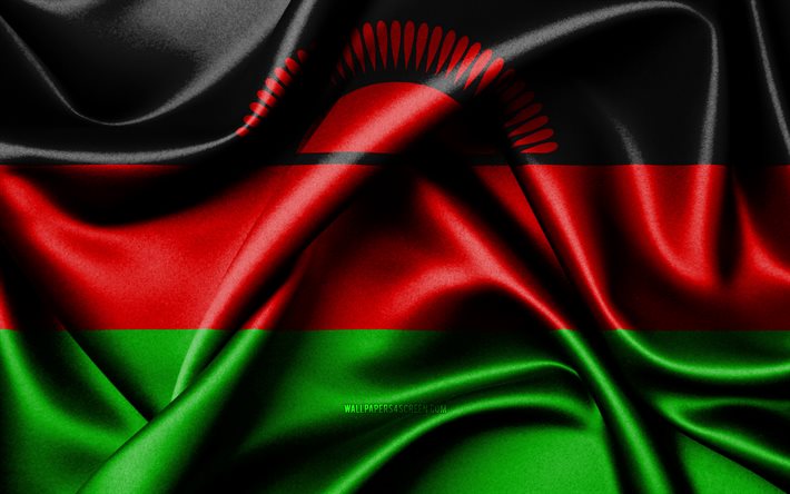 말라위 국기, 4k, 아프리카 국가, 패브릭 플래그, 말라위의 날, 말라위의 국기, 물결 모양의 실크 깃발, 아프리카, 말라위 국가 상징, 말라위