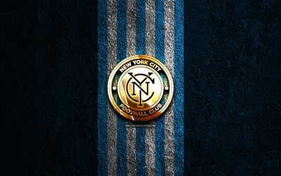 New York City FC golden logo, 4k, blue stone background, MLS, american soccer club, New York City FC logo, soccer, New York City FC, football, FC New York City