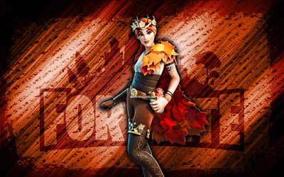 शरद रानी fortnite, 4k, नारंगी विकर्ण पृष्ठभूमि, ग्रंज कला, fortnite, कलाकृति, द ऑटम क्वीन स्किन, फ़ोर्टनाइट वर्ण, शरद ऋतु रानी, fortnite the autumn queen skin