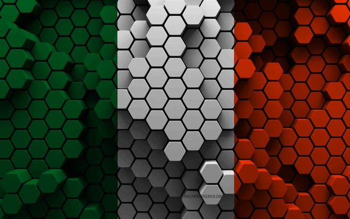 4k, bandera de irlanda, fondo hexagonal 3d, bandera 3d de irlanda, día de irlanda, textura hexagonal 3d, bandera irlandesa, símbolos nacionales irlandeses, irlanda, países europeos