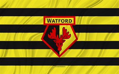watford fc, 4k, sarı siyah dalgalı bayrak, premier lig, futbol, 3d kumaş bayraklar, watford fc bayrağı, watford fc logosu, ingiliz futbol kulübü, fc watford