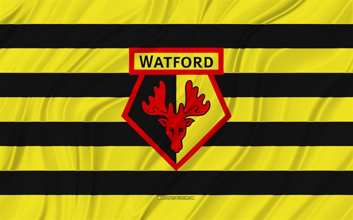 watford fc, 4k, giallo nero bandiera ondulata, premier league, calcio, bandiere in tessuto 3d, bandiera watford fc, logo watford fc, squadra di calcio inglese, fc watford