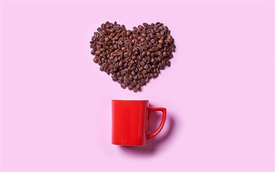 kahve, 4k, kırmızı fincan, pembe arka planlar, kahve çekirdekleri, kahve çekirdeği kalp, kahve sevgisi, kahvaltı kavramları, kahve ile fincan seviyorum