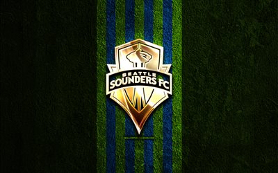 seattle sounders logo dorato, 4k, sfondo di pietra verde, mls, squadra di calcio americana, logo seattle sounders, calcio, seattle sounders fc, seattle sounders