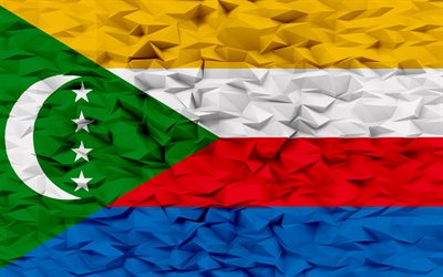 Flag of Comoros, 4k, 3d polygon background, Comoros flag, 3d polygon texture, Day of Comoros, 3d Comoros flag, Comoros national symbols, 3d art, Comoros