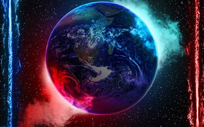 4k, Earth from space, 3D art, galaxy, sci-fi, universe, neon lights, NASA, planets, Earth