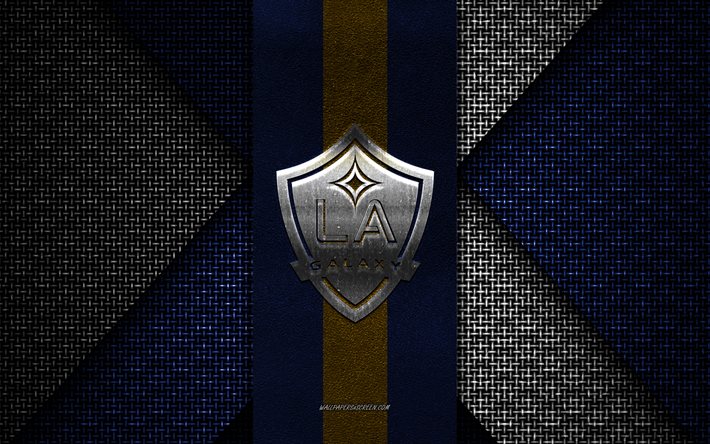 Los Angeles Galaxy, MLS, blue yellow knitted texture, Los Angeles Galaxy logo, American soccer club, Los Angeles Galaxy emblem, soccer, USA, LA Galaxy