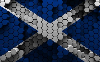 4k, bandiera della scozia, sfondo esagono 3d, bandiera della scozia 3d, giorno della scozia, struttura esagonale 3d, bandiera scozzese, simboli nazionali scozzesi, scozia, paesi europei