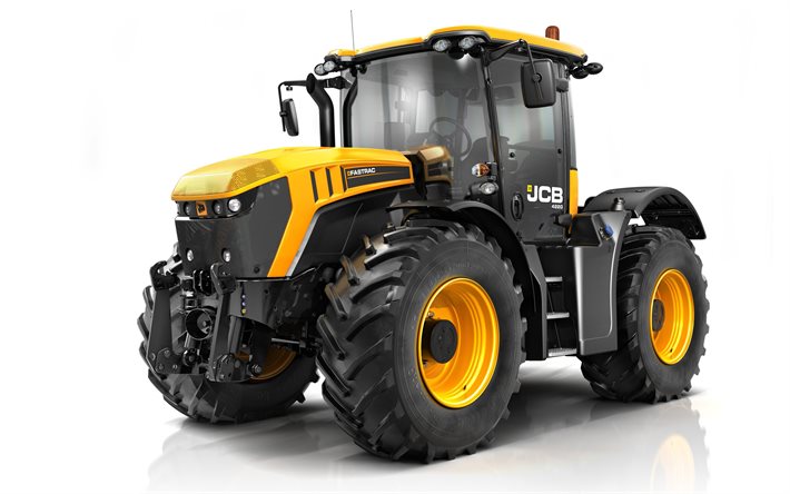 jcb fastrac 8330, 4k, fond blanc, 2022 tracteurs, machines agricoles, tracteur jaune, concepts agricoles, jc