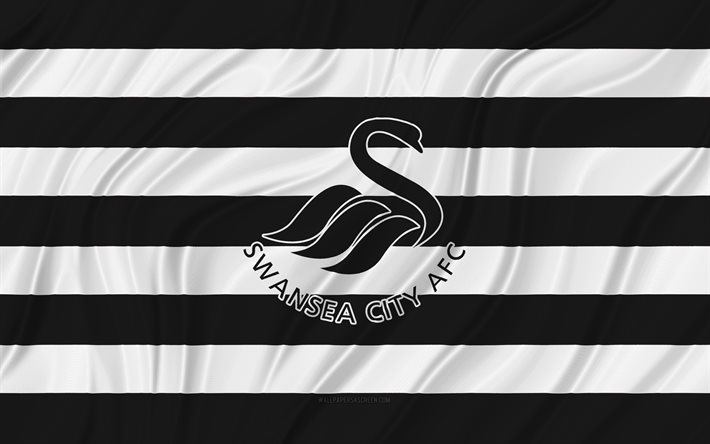 swansea city fc, 4k, bandiera ondulata bianca nera, campionato, calcio, bandiere in tessuto 3d, bandiera swansea city fc, logo swansea city fc, squadra di calcio inglese, fc swansea city