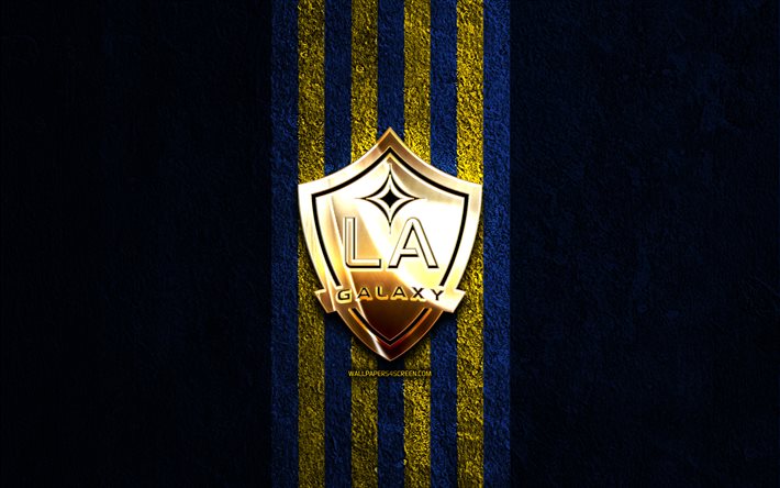 Los Angeles Galaxy golden logo, 4k, blue stone background, MLS, american soccer club, Los Angeles Galaxy logo, soccer, Los Angeles Galaxy FC, football, Los Angeles Galaxy, LA Galaxy