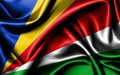 bandiera delle seychelles, 4k, paesi africani, bandiere di tessuto, giornata delle seychelles, bandiere di seta ondulata, africa, simboli nazionali delle seychelles, seychelles