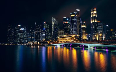 singapur, nachtlandschaften, wolkenkratzer, damm, moderne gebäude, asien, singapur bei nacht