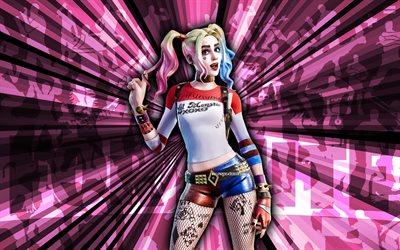 4k, Harley Quinn Fortnite, pink rays background, Harley Quinn Skin, abstract art, Fortnite Harley Quinn Skin, Fortnite characters, Harley Quinn, Fortnite, creative art