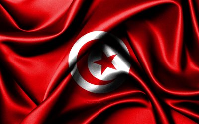 tunisiens flagga, 4k, afrikanska länder, tygflaggor, tunisiens dag, vågiga sidenflaggor, afrika, tunisiens nationella symboler, tunisien