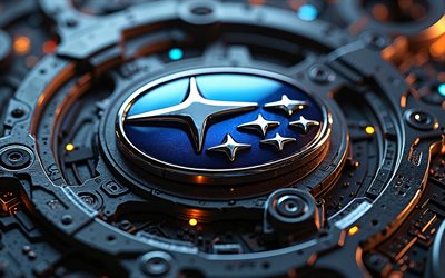 subaru metal logo, 4k, bokeh, sfondi meccanici neri, marchi di auto, logo 3d subaru, creativo, logo subaru, subaru