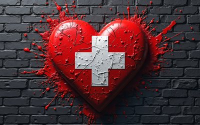 4k, amo suiza, fondo de muro de ladrillo negro, creativo, día de suiza, bandera de suiza, arte 3d, corazón con bandera suiza, corazones 3d, bandera suiza, suiza, amor por suiza