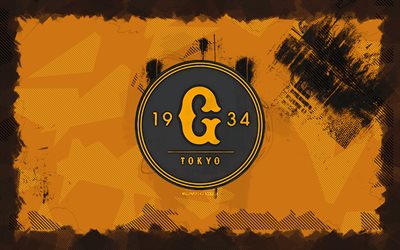 요미 우리 자이언츠 그 룬지 로고, 4k, npb, 오렌지 그런지 배경, 야구, 요미 우리 자이언츠 엠블럼, 요미 우리 자이언츠 로고, 일본 야구 팀, 요미 우리 거인