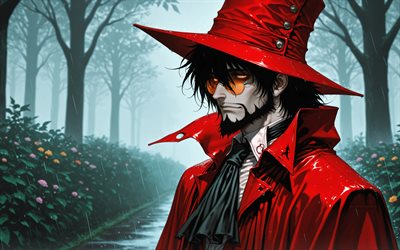 alucard, 4k, giardino, inferno, notte, piovere, conta dracula, manga, dorakyura, manga hellsing, carattere di alucard, alucard art, personaggi infernali, alucard hellsing