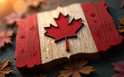 bandera de madera de canadá, 4k, bokeh, día de canadá, bandera de canadá, bandera canadiense, símbolos nacionales canadienses, arte de madera, canadá