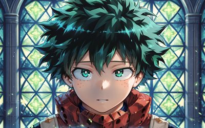 4k, izuku midoriya, vidrieras, de cerca, mi héroe academia, ojos verdes, deku, obra de arte, boku no héroe academia, midoriya izuku, manga, izuku midoriya mi héroe academia