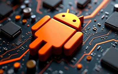 Android 3d orange logo, 4k, black motherboard, Android sign, Android logo, Android emblem, black technology background, Android, background with Android logo