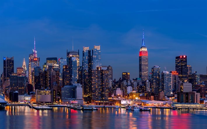 ニューヨーク, 夜, エンパイアステートビルディング, 高層ビル群, マンハッタンの米国