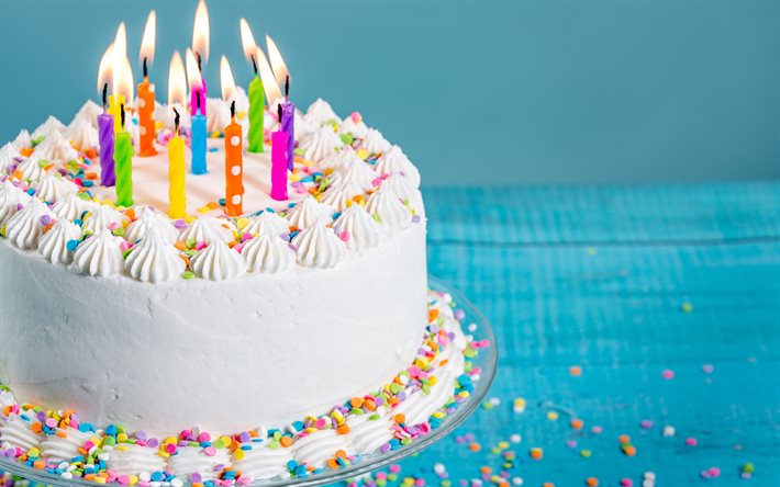 Pastel con velas de cumpleaños, pastel de cumpleaños, blanco crema, pasteles, postres, feliz cumpleaños