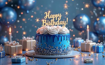 feliz aniversário, 4k, bolo de aniversário azul, anterior de feliz aniversário azul, conceitos de feliz aniversário, cartão de feliz aniversário