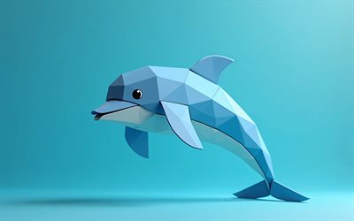 delfín de dibujos animados, 4k, origami, animales de dibujos animados, fondo azul, arte 3d, animales de origami, delfines, delfín de origami, minimalismo, delfín