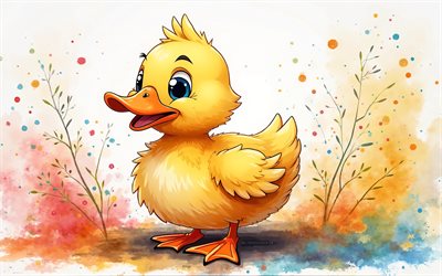 pato de desenho animado, 4k, arte em aquarela, animais fofos, criativo, patos, pássaros de desenho animado, pato fofo, obra de arte, pato