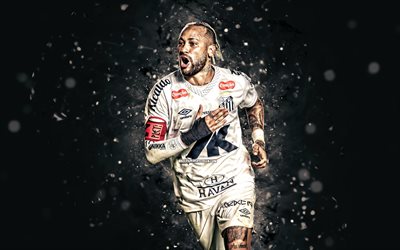 4k, neymar, santos fc, antecedentes abstratos pretos, serie brasileira a, jogadores de futebol brasileiros, neymar 4k, luzes de neon brancas, futebol, neymar jr, sfc, neymar santos fc